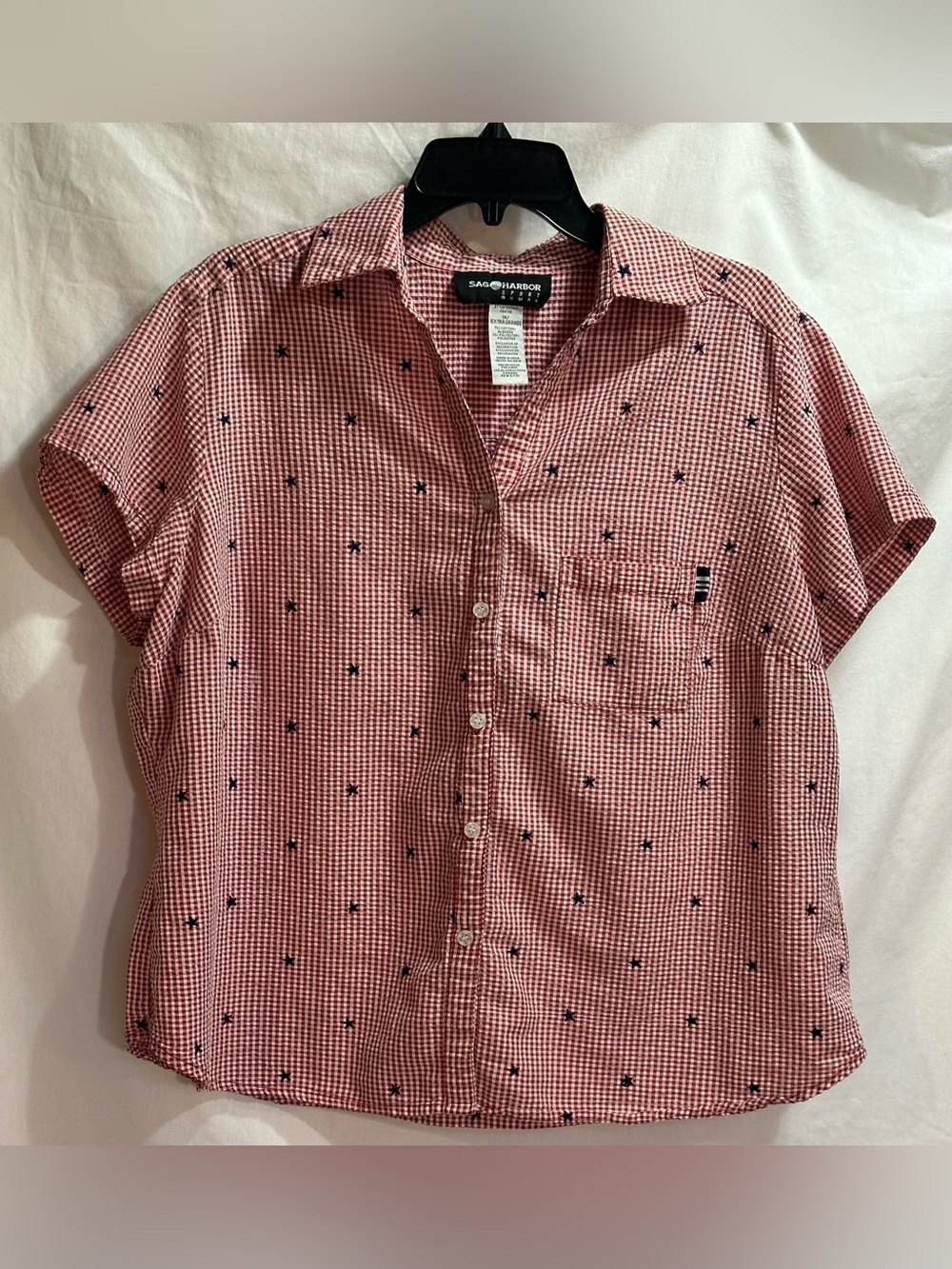 Sag Harbor Red Gingham Short-Sleeve Button-Down Shirt with Navy Star Accents